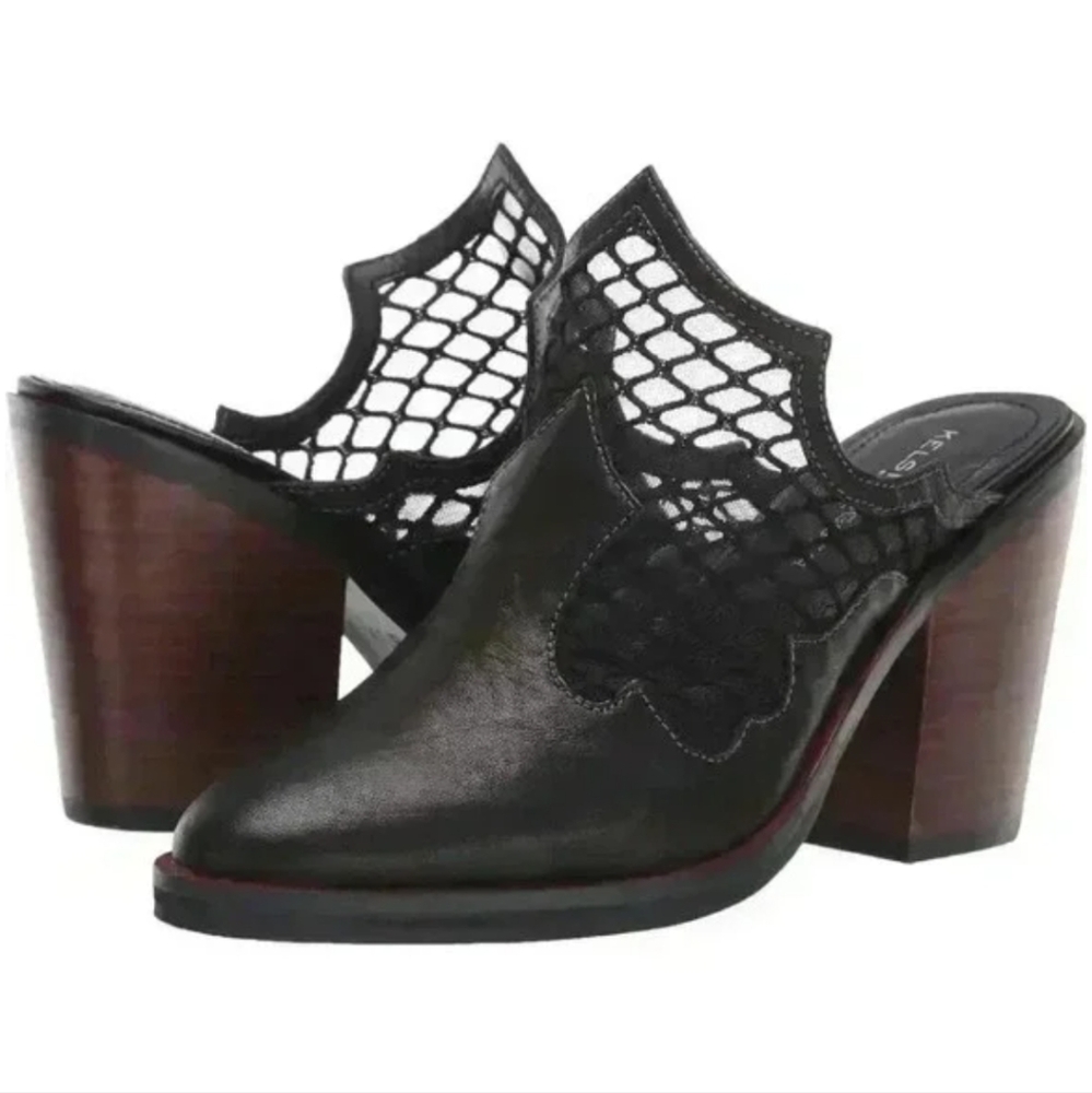 Kelsi Dagger Black Leather & Wood-Block Heel Mules